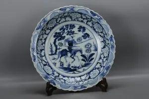 17.7" Old yuan dynasty Porcelain Blue white character story peony flowers plate