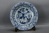 17.7" Old yuan dynasty Porcelain Blue white character story peony flowers plate