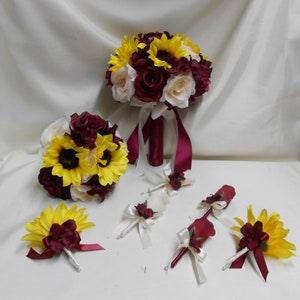 Wedding Silk Flower Bridal Bouquet 18 pieces Package Ivory Burgundy Roses Yellow Sunflower Bridesmaid Burlap Corsages New
