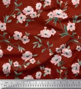 Soimoi Red Velvet Fabric Leaves & Peony Floral Print Fabric by the-V5N