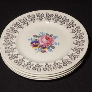 Set of 4 Vintage Golden Bouquet by Empire Porcelain bread and butter plate 6 3/8" 22k Gold flowers on rim floral rose pansies Staffordshire