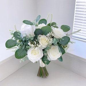 White Rose Bouquet, Wedding Bouquet, White Boho Bouquets, Bridal Bridesmaids Bouquets, Spring Summer Wedding. Rose Eucalyptus Bouquet