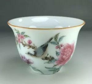 60ml Chinese Jingdezhen Famille Rose Magpie Peony Flower Design Tea Cup
