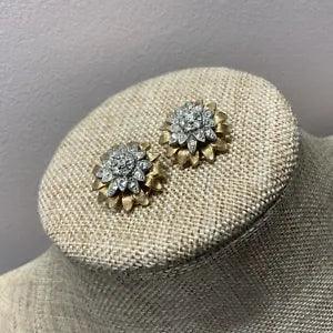Mixed metal signed BSK rhinestone carnation flower clip on earrings
