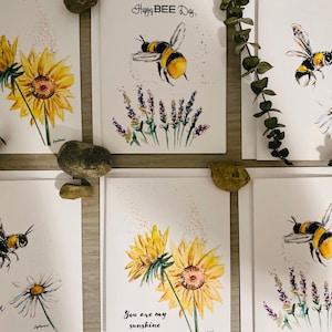 Assorted Bee Watercolour Cards, Sunflower Cards, Happy Bee Day Card, Your Are My Sunshine, 6 Watercolour Printed Cards, Thinking of You Card