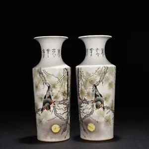 11" Antique Porcelain Republic China dynasty famille rose peony flower bird Vase