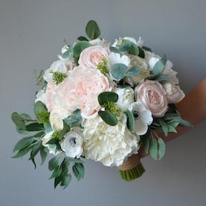 Cabbage Rose, Rustic Anemone, Bridal Bouquet, Real Touch Faux Rose, Blush Ivory Peony Wedding, Eucalyptu Silk Bouquet
