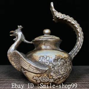 6.8" Old China Pure Bronze Silver Phoenix Bird Peony Flower Wine Tea Pot Flagon