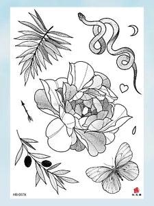 tribal shoulder tattoo snake peony flower large 8.25" temporary tattoo