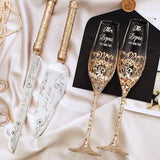 Wedding gifts for bride and groom Silver Champagne flutes sunflower, wedding anniversary gift Engraved Toasting flutes Cake cutting server