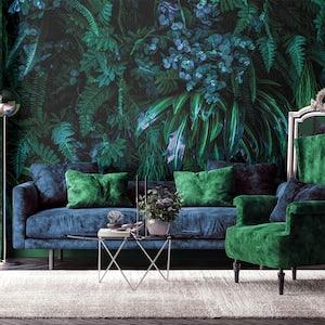Dark blue and green mystic jungle photo wallpaper | Self Adhesive | Peel & Stick | Removable