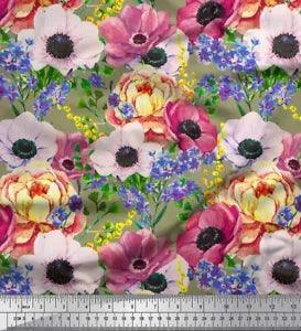 Soimoi Green Cotton Poplin Fabric Peony & Anemone Floral Print Fabric-gHn
