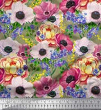 Soimoi Green Cotton Poplin Fabric Peony & Anemone Floral Print Fabric-gHn