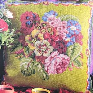 Flower Nosegay Needlepoint Tapestry Pillow Pattern by Kaffe Fassett/ Bright rose, nasturtium, moonflower bouquet needlework pattern