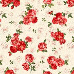 Timeless Treasures - Garden Rose - Small Red Rose Bouquet on Cream - Cotton Fabric