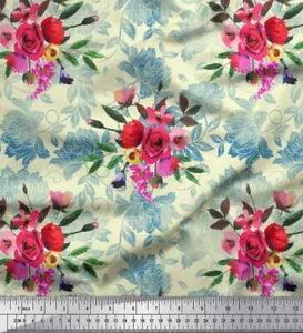 Soimoi Yellow Velvet Fabric Leaves & Ranunculus Floral Printed Fabric-YbM