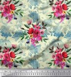 Soimoi Yellow Velvet Fabric Leaves & Ranunculus Floral Printed Fabric-YbM