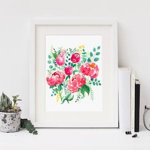 Peony bouquet print, Floral wall art, Pink peony print