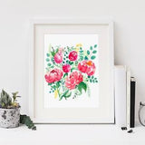 Peony bouquet print, Floral wall art, Pink peony print