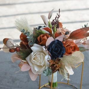 9" Rust Navy Ivory Wedding Bouquet, Beige Boho Bridesmaids Bouquet, Rustic Fall Wedding Bridal Bouquet in Artificial Real Touch Roses