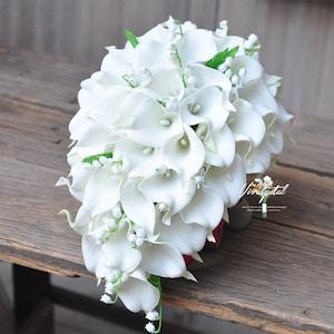 Cascading royal white Calla Lily And lily of valley Bridal Bouquet tulip calla lily Bridesmaid Bouquet Groom wedding package