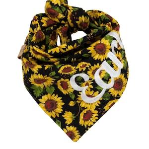 Personalized Sunflower Dog Bandana, Sun Flower Puppy Scarf Name, Embroidered Pet Kerchief, Autumn Floral Doggie Scarves, Reversible Dogs