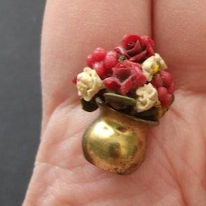 Tiny Bronze Vase of Flower Bouquet Roses Red and White Charm Miniature House Small Antique Vintage Collector Small Decor Charm Cottagecore
