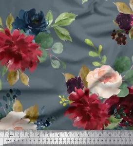 Soimoi Blue Velvet Fabric Leaves & Peony Floral Printed Craft Fabric-3A8