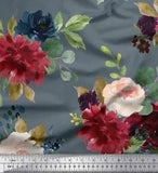 Soimoi Blue Velvet Fabric Leaves & Peony Floral Printed Craft Fabric-3A8