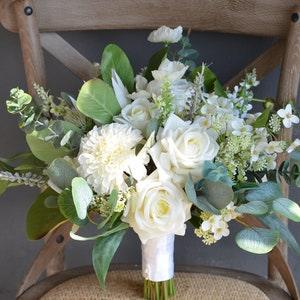 Fake White Greenery Bridal Bouquets, White Boho Wedding Bouquet, Real Touch White Rose, Eucalyptus, White King Protea, White Dahlia Bouquets