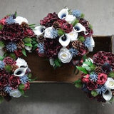 Burgundy Navy Wedding Bouquet, Winter Bridal Bouquets, Real Touch Peonies, Burgundy Roses, Pine Cones, Green