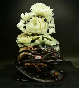 18.8" Natural Xiu Jade Jadeite Carved subshrubby peony flower Birds Lucky Statue