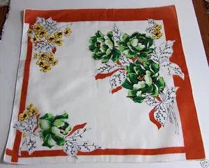 Vtg Hankie Green Peonies Yellow Flowers Rust Border Hand Rolled Edge 1950s