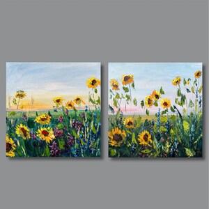 Sunflower painting Set of 2 paintings Original art Meadows painting Impasto flowers Wall art set