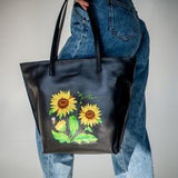 Trendy Tote Bag, Sunflower Tote, Personalized Tote, Leather Tote Bag, Flower Tote Bag, Embroidered Tote Bag, Tote Bag with Pockets, Gift