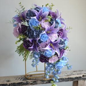 Faux Dusty Blue Purple Wedding Bouquet, Real Touch Tiger Lilies, Roses, Hydrangeas, Lavender Blue Bridal Bouquet, Boutonnieres, Corsages