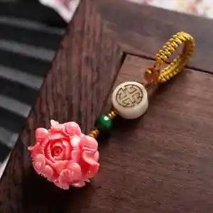 Ethnic Natural Bodhi Lotus Peony Flower Keychain Classical Handmade Stone Braid