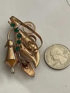 Vintage Rose Goldtone Abstract Green Rhinestones Lily Flower & Swirl Leaf Brooch