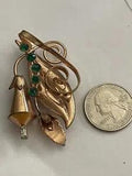 Vintage Rose Goldtone Abstract Green Rhinestones Lily Flower & Swirl Leaf Brooch
