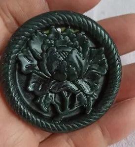 Natural Dark Green Jade Peony Flower Good Luck Pendant