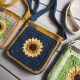 Crochet sunflower crossbody bag, small lined granny square bag, boho summer purse, cute phone pouch, knit tote