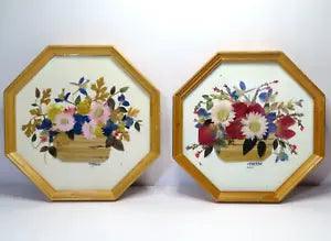 Vintage Pressed Dried Flowers Wall Art Octagon Wood Frame - Signed 7.5" Set of 2