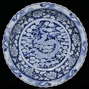 17.5" Antique yuan dynasty Porcelain Blue white cloud Dragon peony flowers plate