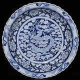 17.5" Antique yuan dynasty Porcelain Blue white cloud Dragon peony flowers plate