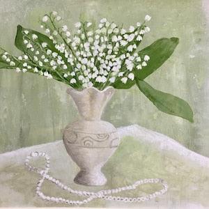 May Lily of The Valley Still Life Original Oil Painting on Canvas White Flower Bouquet Botanical Wall Art Romantic Gift Pastel Decor