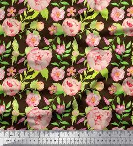 Soimoi Brown Velvet Fabric Leaves & Peony Floral Print Fabric by-EAd