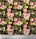 Soimoi Brown Velvet Fabric Leaves & Peony Floral Print Fabric by-EAd