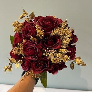 Dark Red And Gold Rose Bouquet - Artificial Silk Flowers For Winter Wedding Anniversary Birthday | Claire De Fleurs