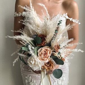 Pampas Wedding Bouquet, Fall Bridal Boho Bouquet, Dried Flowers, Rustic Bouquet, Eucalyptus, Orange Terracotta Ivory