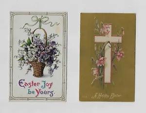 Vintage EASTER Postcard*BASKET PANSIES /LILIES OF VALLEY/ CROSS & PINK DAFFODILS